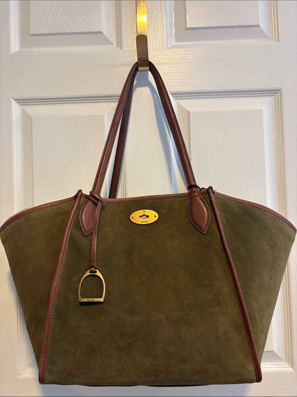 BNWT MARGOT TIKTOK RARE FIND Olive - Green Suede Tote Bag with Brown Trim